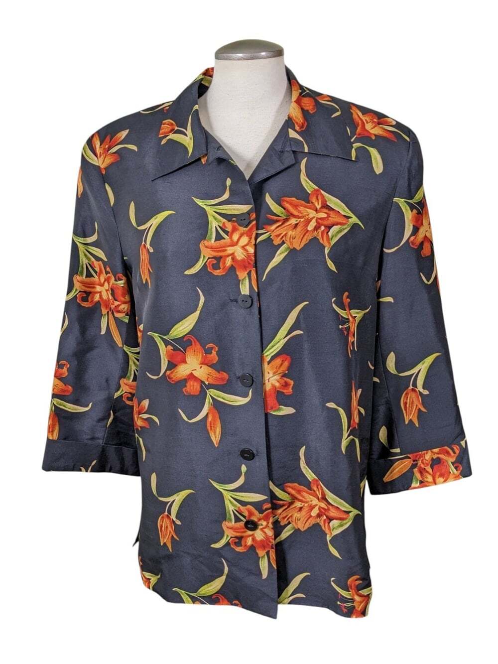 Silk Land Silkland Silk Black Floral Print Button Front Light Jacket Womens 14